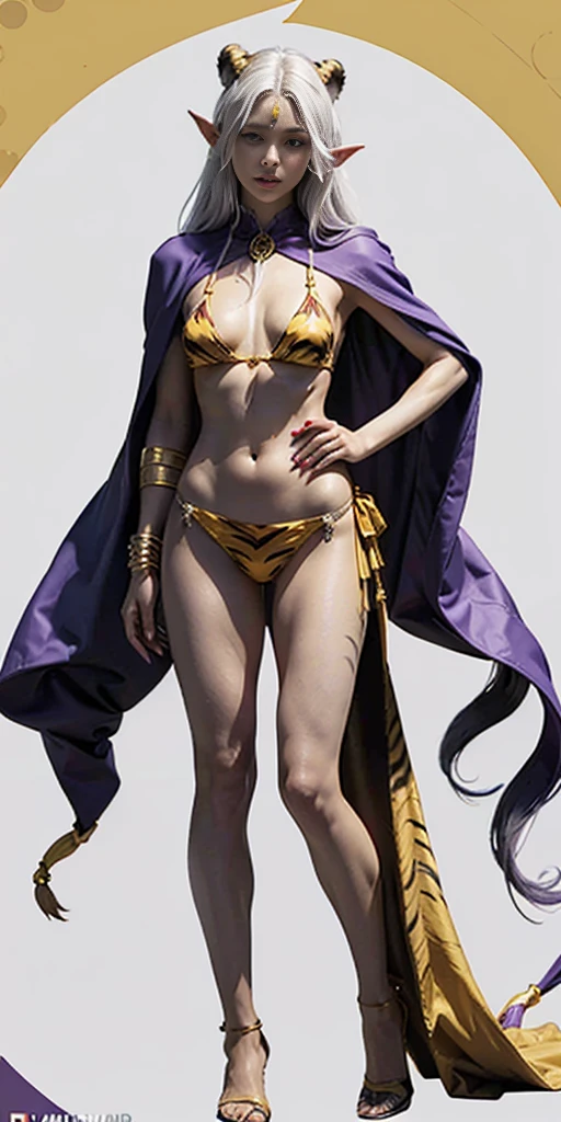 Full body, masterpiece, 1 one female drow elf purple skin standing pose (yellow tiger bikini), red cape, red bikini, long white hair, strong body, abs, Shiny Skin, Sunglasses, white background