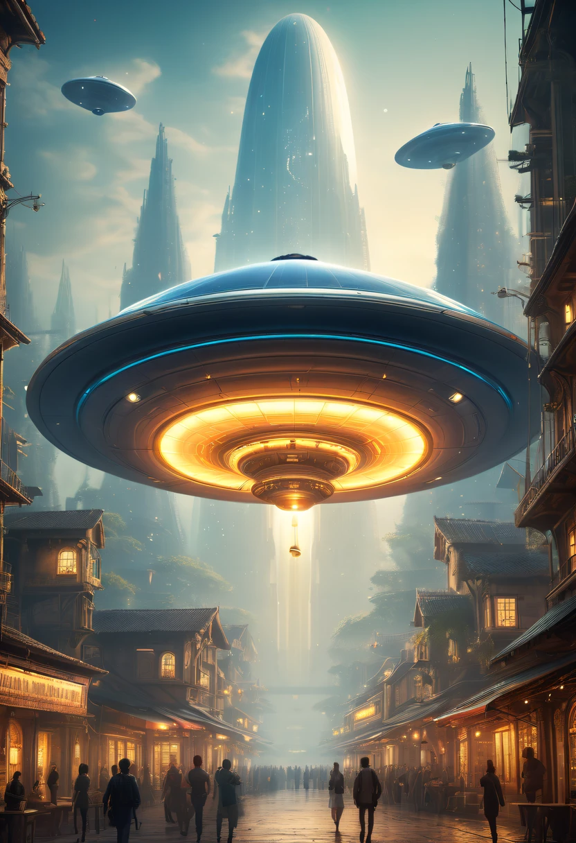 extremly intricate, 电影灯光, lightand shade contrast, tmasterpiece, Best quality, Award-Awarded, hyper HD ,The fusion of future technology and the Middle Ages，(A medieval city full of high-tech elements:1.2)，advanced solar、Equipped with smart holograms and alien flying saucers，(Digitization of ancient bell tower:1.4)，(Smart flying saucer:1.5)，,energy shields,Sparkling neon lights,huge spaceport,Interstellar Travel,cosmic energy field,,steampunc，heavy metal style，A futuristic,Surreal illustration style,Charming future skyline,High-tech infrastructure,cosmic jump gate,Beyond technology,Advanced terraforming,Interstellar civilization,The possibilities are endless.