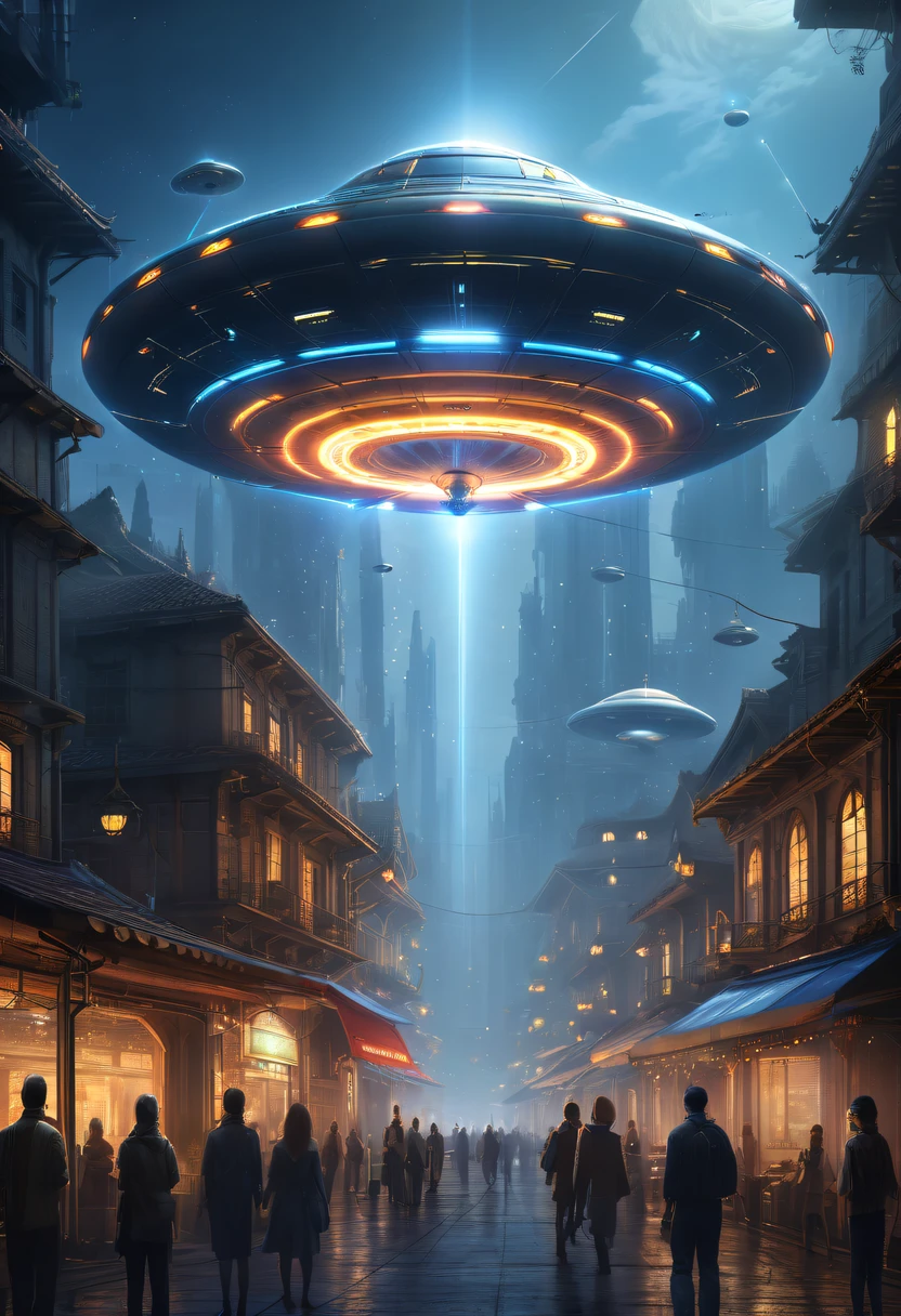 extremly intricate, 电影灯光, lightand shade contrast, tmasterpiece, Best quality, Award-Awarded, hyper HD ,The fusion of future technology and the Middle Ages,(A medieval city full of high-tech elements:1.2),advanced solar、Equipped with smart holograms and alien flying saucers,(Digitization of ancient bell tower:1.4),(Smart flying saucer:1.5),,energy shields,Sparkling neon lights,huge spaceport,Interstellar Travel,cosmic energy field,,steampunc,heavy metal style,A futuristic,Surreal illustration style,Charming future skyline,High-tech infrastructure,cosmic jump gate,Beyond technology,Advanced terraforming,Interstellar civilization,The possibilities are endless.