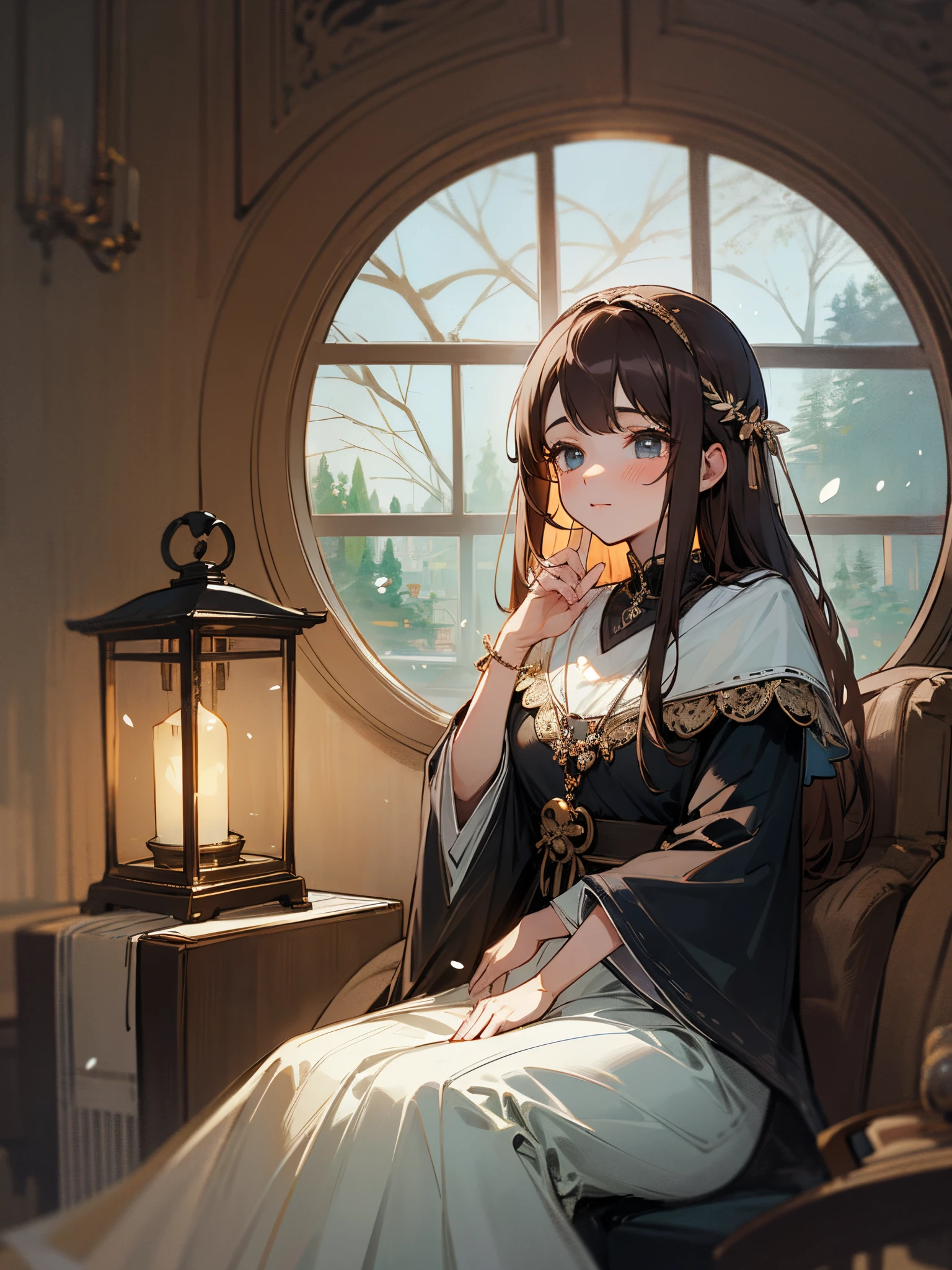 Girl with brown hair wearing a black dress sitting on a throne holding a lantern with a large round window and falling snow outside in the background --auto --s2