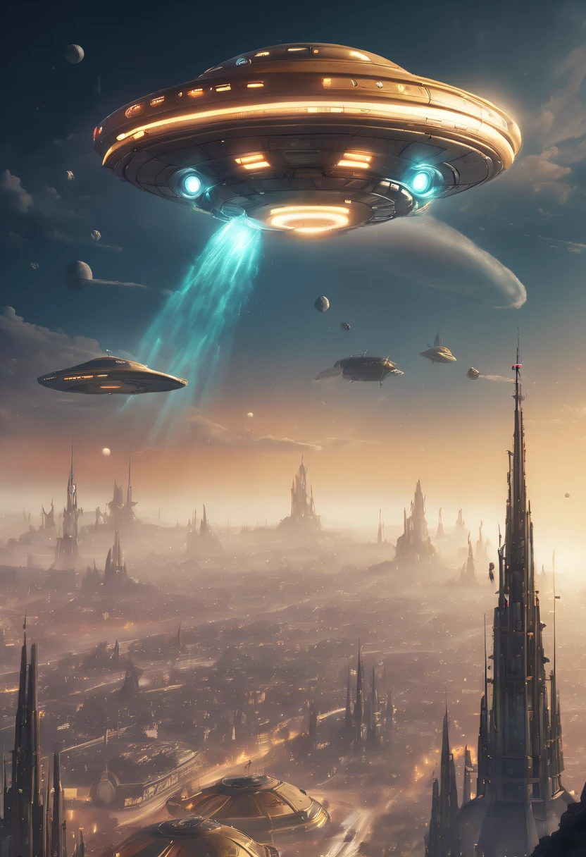 ultra - detailed, HighDynamicRange, professional, vibrant with colors, Concept artist, steampunc, A futuristic, cyber punk personage, high - tech, Medieval city with high-tech elements:1.2, advanced solar, Equipped with smart holograms and alien UFOs, Digital ancient bell tower:1.4, (Smart flying saucer:1.5),(Spectacular high-tech space landscape:1.6),