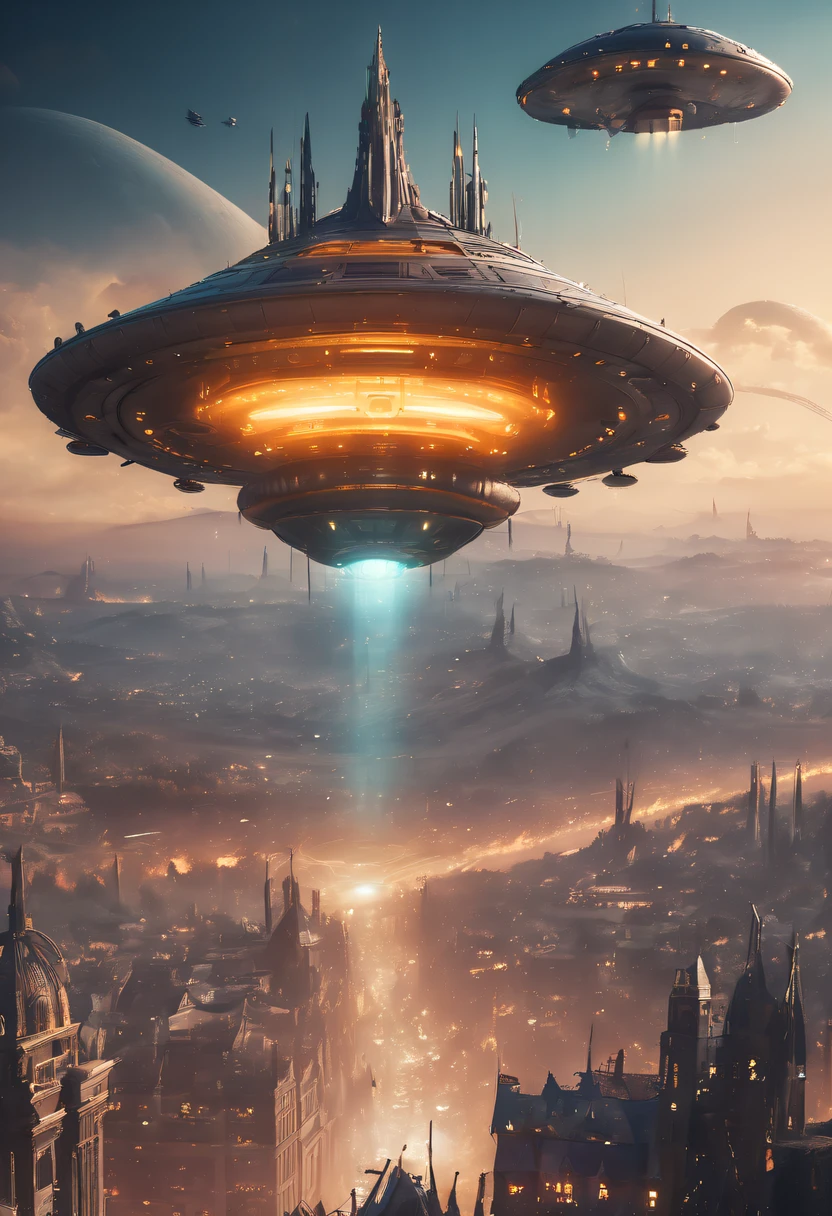 ultra - detailed, HighDynamicRange, professional, vibrant with colors, Concept artist, steampunc, A futuristic, cyber punk personage, high - tech, Medieval city with high-tech elements:1.2, advanced solar, Equipped with smart holograms and alien UFOs, Digital ancient bell tower:1.4, (Smart flying saucer:1.5),(Spectacular high-tech space landscape:1.6),