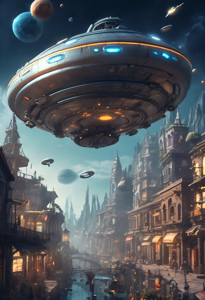 ultra - detailed, HighDynamicRange, professional, vibrant with colors, Concept artist, steampunc, A futuristic, cyber punk personage, high - tech, Medieval city with high-tech elements:1.2, advanced solar, Equipped with smart holograms and alien UFOs, Digital ancient bell tower:1.4, (Smart flying saucer:1.5),(Spectacular high-tech space landscape:1.6),