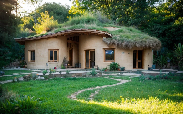 A photograph of a symmetrical contemporary house with buttress wall, ((stone foundation wall)), in a tropical backyard, mustard yellow terracota plaster walls (((rustic clay stucco))), ((corner walls rounded)), (((higth walls))) ((rustic clay plaster)), (((terracotta walls with rounded corners, organic curves and squared))), (((rustic earth plaster, mud))), (((green roof with wooden edge))), (((wooden roof structure, wooden rake, wooden fascia board))), eaves, ((roof with wooden structure)), In Bahia (((tropical garden))), ((natural houses, organic buildings, organic architecture)), ecovillage, sustainable architecture, bioconstruction architecture, solarpunk architecture, (((grass roof, green roof, green wave roof, rounded roof, vegetated roofs))), (((rock base foundation wall, foundation height 30cm, stone base wall 30cm high))), ((green architecture)), passive house, clear sky in the background, painful beauty, modern, imposing, green house, ((Bali hobbit Hadid Style)), super resolution, cinematic, color grading, editorial photography, photography, photo shoot, (((dramatic front eye top angle view))), O 50mm, depth of field, intricate details, natural colors, sharp focus, warm light, shutter speed 1/1000, F/22, White Balance, Ray Trace Reflections, Lumen Reflections, Screen Space Reflections, Diffraction Rating, Chromatic Aberration, GB Shift, Partial Lighting, Backlighting, Daylighting, Scan Lines, ambient occlusion, antialiasing, shaders, OpenGL-Shaders, GLSL-Shaders, Post-processing, post-production, shading, tone mapping, incredibly detailed and complex, hypermaximalist, elegant, hyperrealistic, super detailed, dynamic pose, Fujifilm XT