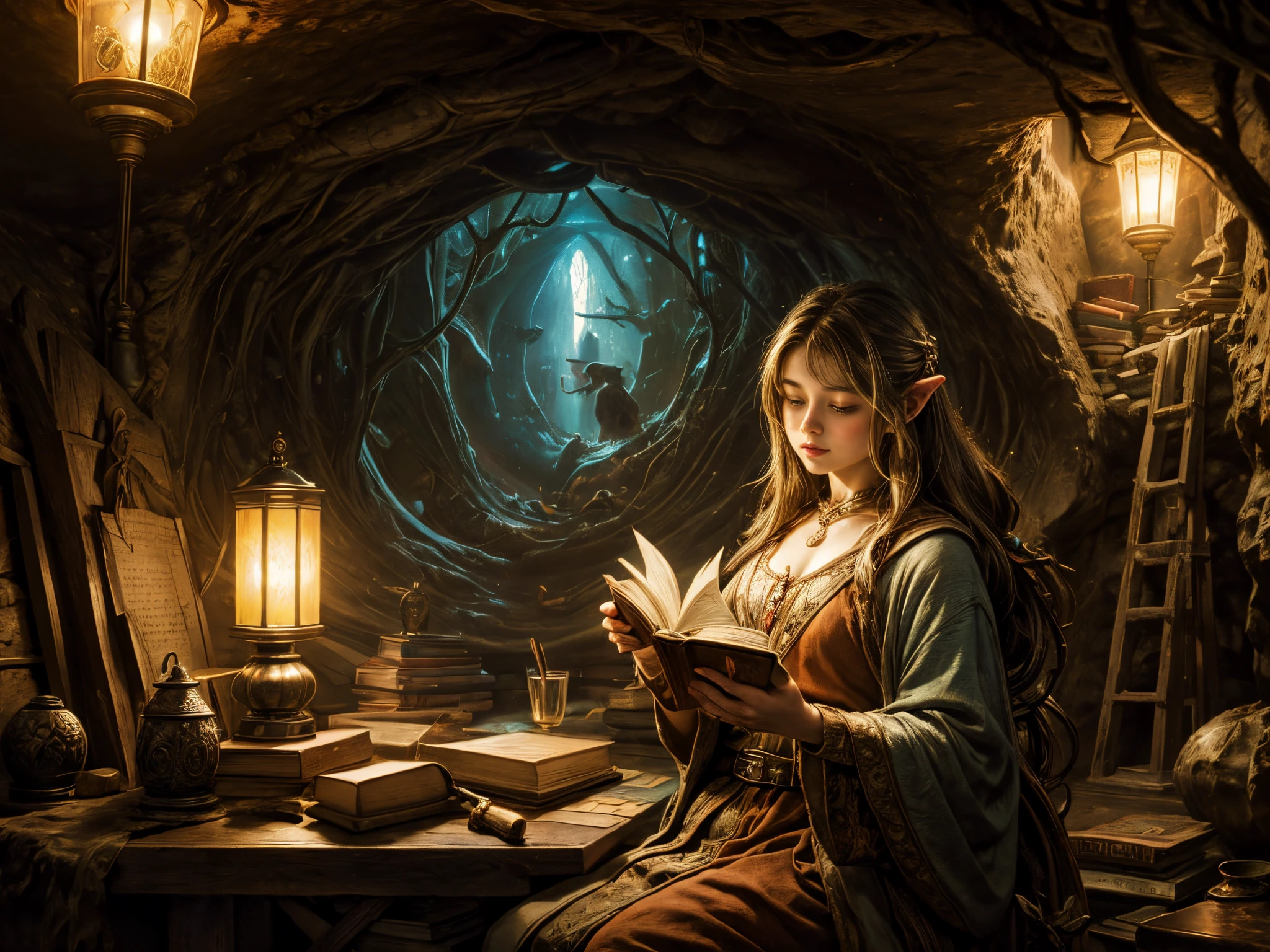 "Oil painting, ((dreamy)) girl reading ancient books, warm light ((inside a mystical hobbit cave)), magical atmosphere, whimsical clock, enchanting, cozy, detailed"