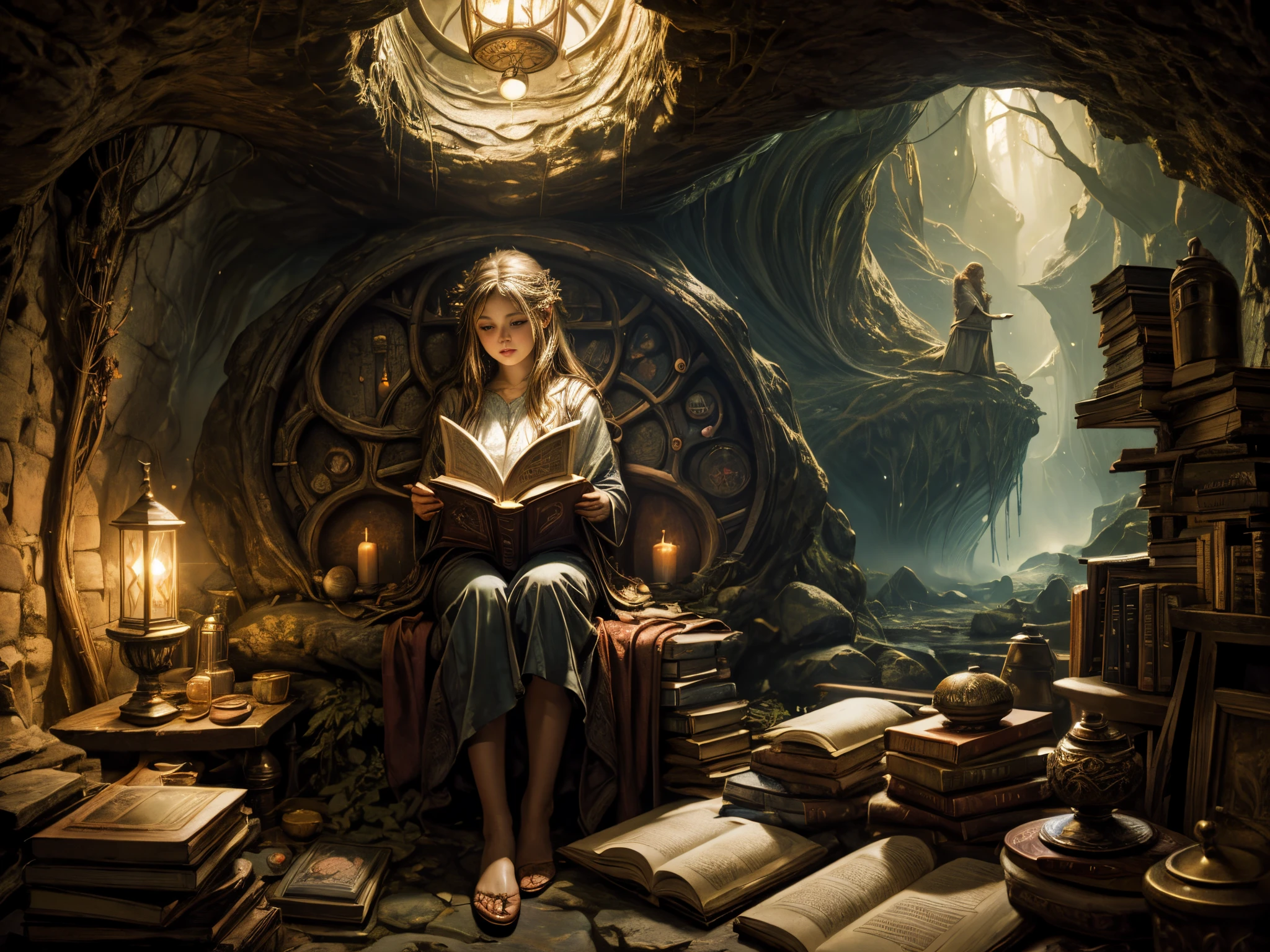 "Oil painting, ((dreamy)) girl reading ancient books, warm light ((inside a mystical hobbit cave)), magical atmosphere, whimsical clock, enchanting, cozy, detailed"