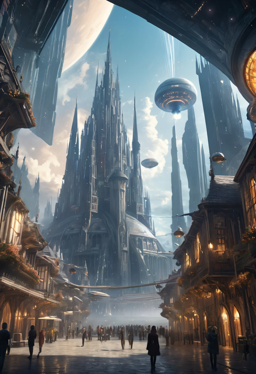 (Best quality,4K,8K,A high resolution,tmasterpiece:1.2),ultra - detailed,(actual,realistically,realistically:1.37),The fusion of future technology and the Middle Ages,(A medieval city full of high-tech elements:1.2),Medieval ancient bell tower,gothic castle,Spectacular high-tech space landscape,Medieval castle with plasma thruster powered warp drive,advanced space station,Luminous hologram,The sky is full of starry floating islands:1.4),future-tech,Luxurious architectural design,Impressive futuristic cityscape,Advanced spacecraft,Flying a drone,Transparent dome,Parking is suspended,towering skyscrapers,energy shields,Sparkling neon lights,huge spaceport,Interstellar Travel,cosmic energy field,Alien flying saucers,Interstellar exploration,Epic sci-fi atmosphere,Artificial Intelligence Integration,strong energy beam,Otherworldly aesthetics,Cosmic phenomena,Zero gravity environment,Majestic celestial bodies,Pulsating Energy Core,majestic control center,dramatic celestial background,Charming future skyline,High-tech infrastructure,cosmic jump gate,Beyond technology,Advanced terraforming,Interstellar civilization,The possibilities are endless.