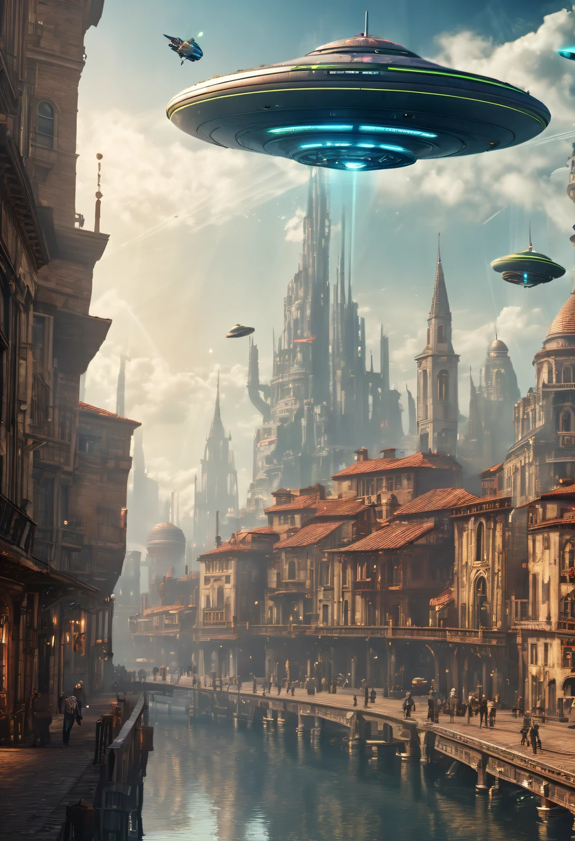 ultra - detailed, HighDynamicRange, professional, vibrant with colors, Concept artist, steampunc, A futuristic, cyber punk personage, high - tech, Medieval city with high-tech elements:1.2, advanced solar, Equipped with smart holograms and alien UFOs, Digital ancient bell tower:1.4, (Smart flying saucer:1.5),(Spectacular high-tech space landscape:1.6),