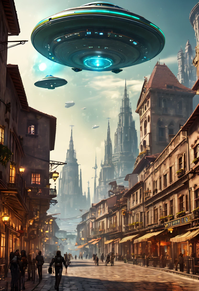 ultra - detailed, HighDynamicRange, professional, vibrant with colors, Concept artist, steampunc, A futuristic, cyber punk personage, high - tech, Medieval city with high-tech elements:1.2, advanced solar, Equipped with smart holograms and alien UFOs, Digital ancient bell tower:1.4, (Smart flying saucer:1.5),(Spectacular high-tech space landscape:1.6),