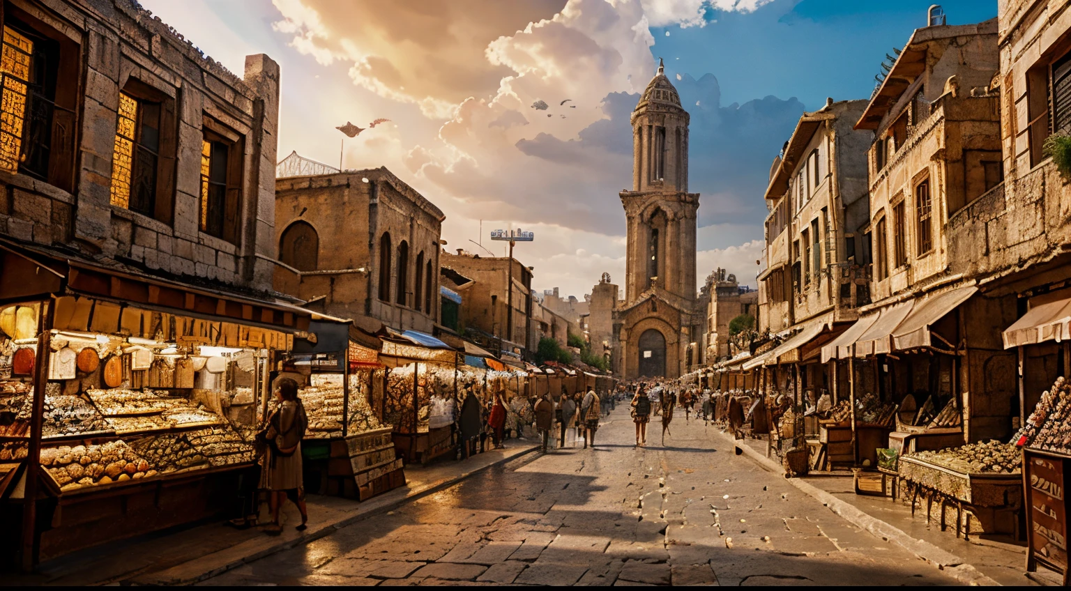 (a biblical city, biblical era, ancient setting), ancient cityscape, biblical characters, detailed architecture, bustling market, exotic animals, vibrant colors, dramatic lighting, oil painting, high-res masterpiece:1.2, realistic style, warm and earthy tones