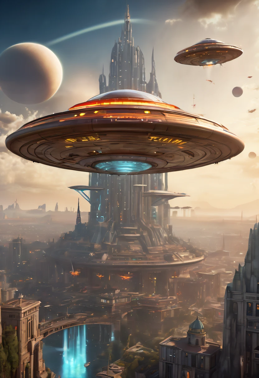 ultra - detailed, HighDynamicRange, professional, vibrant with colors, Concept artist, steampunc, A futuristic, cyber punk personage, high - tech, Medieval city with high-tech elements:1.2, advanced solar, Equipped with smart holograms and alien UFOs, Digital ancient bell tower:1.4, (Smart flying saucer:1.5),(Spectacular high-tech space landscape:1.6),
