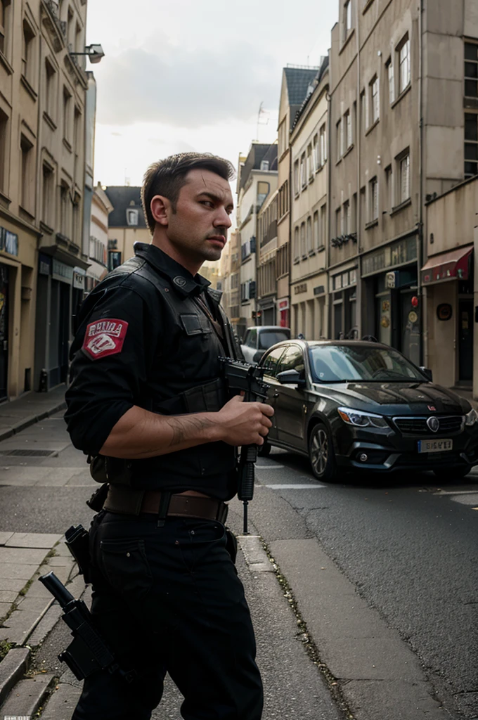 Airsoft player in the style of Grand Theft Auto from Luxembourg, standing close a car in Luxembourg city, let the background be like Luxembourg