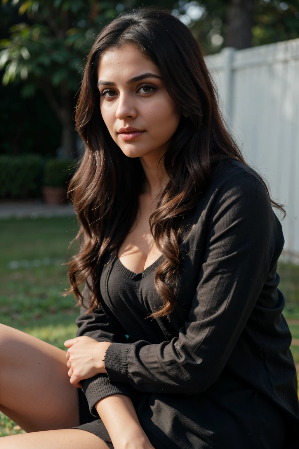 Portrait of A confident-looking indian woman named (((Geha Garayan))) with long flowing hair, hazel eyes, with flowing capes, sitting on the grass, wearing a black sweater hoodie jacket, perfect composition, hyperrealistic, super detailed, 8k, high quality, trending art, trending on artstation, sharp focus, studio photo, intricate details, highly detailed, art by greg rutkowski