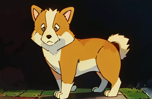 White and tan pembroke welsh corgi sitting like a bear. pokemon card style. forest background.