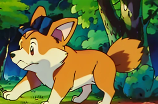 White and tan pembroke welsh corgi sitting like a bear. pokemon card style. forest background.