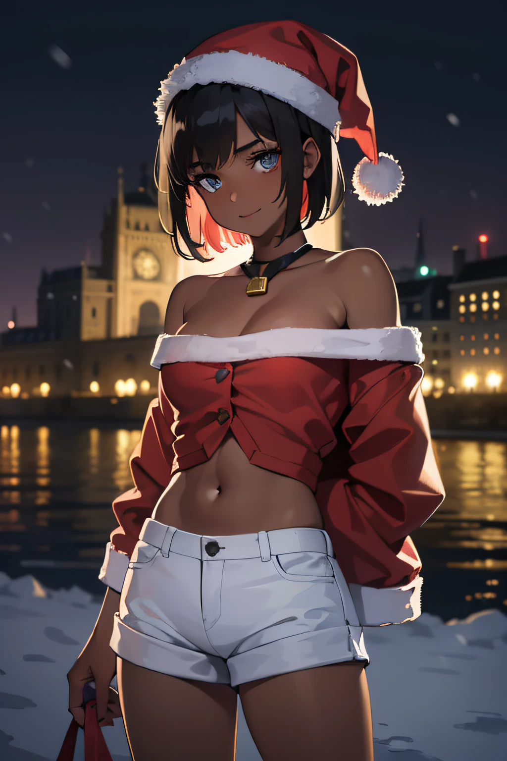 master part, best quality, 1girl, ((menina adolescente)), ((medium breasts)), ((dark skinned female)), short hair, cabelos pretos, olhos azuis, ((camisa branca)), ((shorts brancos casuais)), ((jaqueta vermelha)), sorrir, Olhando para o Viewer, fofo, ((cidade)), ((vivid colors)), lindo luar detalhado, Olhos detalhados, Antecedentes detalhados, olhos expressivos, ((arms behind back)), ((perfect hands)), extremely high quality, concentrado, Noite, ((santa hat)), ((neve)), ((Piscando)), ultra detalhado, absurdos, (HDR:1.5)