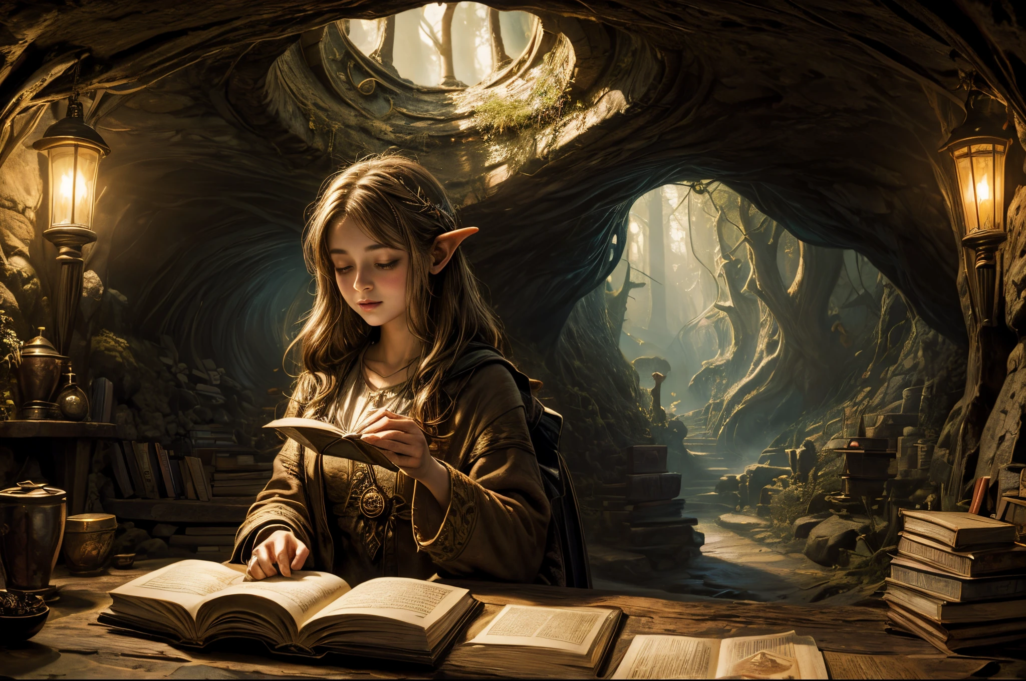 "Oil painting, ((dreamy)) girl reading ancient books, warm light ((inside a mystical hobbit cave)), magical atmosphere, whimsical clock, enchanting, cozy, detailed"