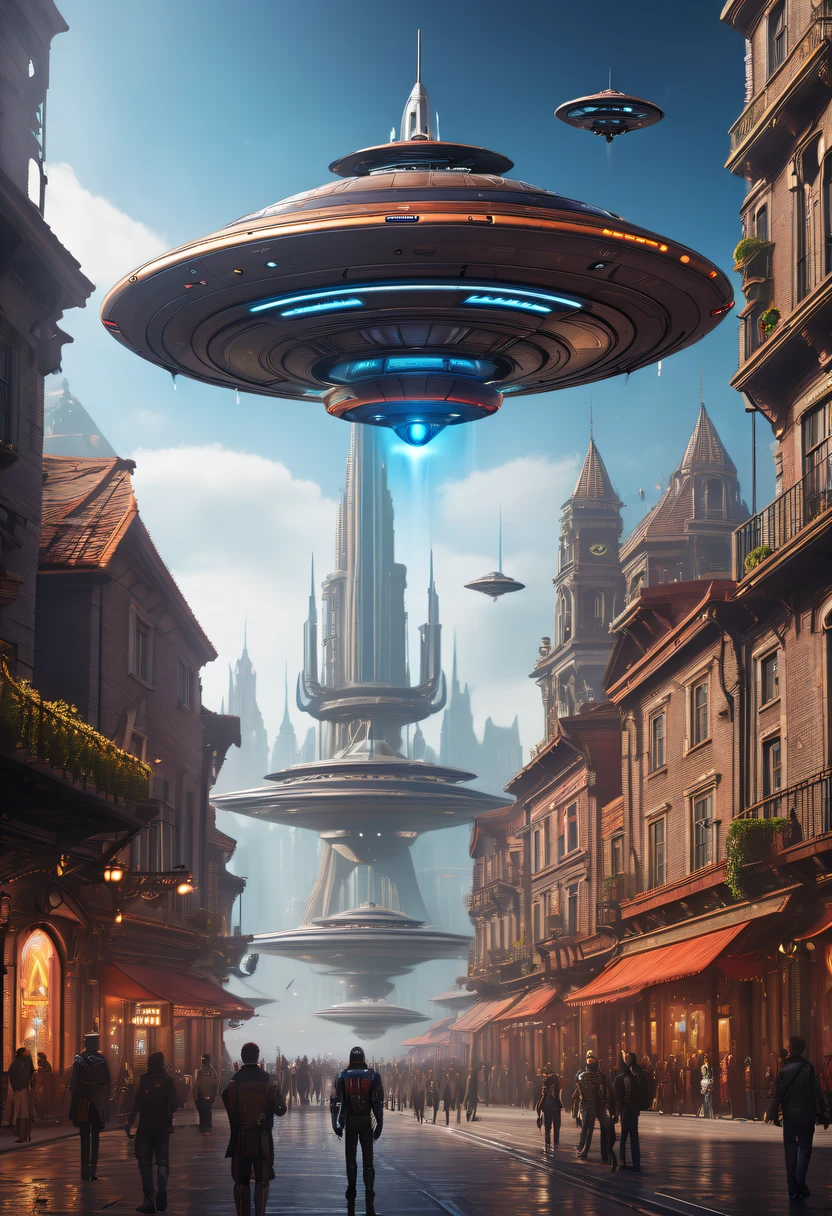 ultra - detailed, HighDynamicRange, professional, vivd colour, Concept artist, steampunc, A futuristic, cyber punk personage, high - tech, Medieval city with high-tech elements:1.2, advanced solar, Equipped with smart holograms and alien UFOs, Digital ancient bell tower:1.4, (Smart flying saucer:1.5),(Spectacular high-tech space landscape:1.6),