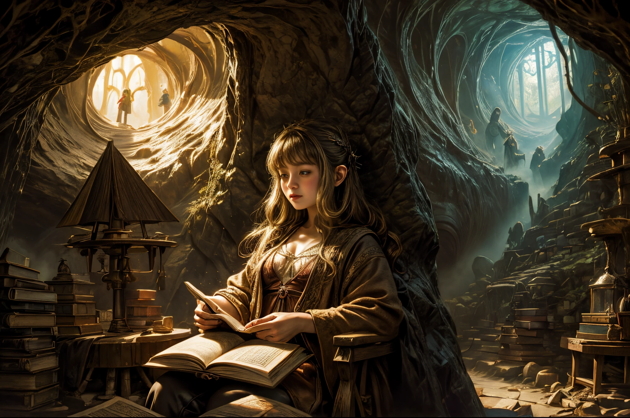 "Oil painting, ((dreamy)) girl reading ancient books, warm light ((inside a mystical hobbit cave)), magical atmosphere, whimsical clock, enchanting, cozy, detailed"