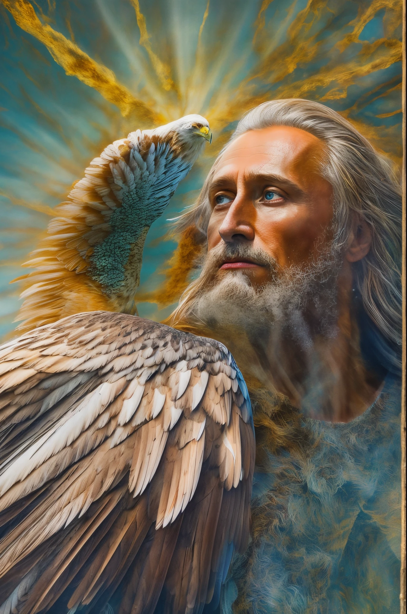 best quality,ultra-detailed,realistic:1.37,portrait,colorful lighting,vivid colors,Putin as God of Olympus, majestic pose,fitting background,royal attire,long flowing beard,strong and powerful build,grandiose palace,divine aura,regal crown,dark and intense eyes,piercing gaze,muscular physique,ancient Greek pillars,thunderbolt in hand,beams of sunlight,snowy landscape,majestic eagle flying nearby,extraordinary strength and power