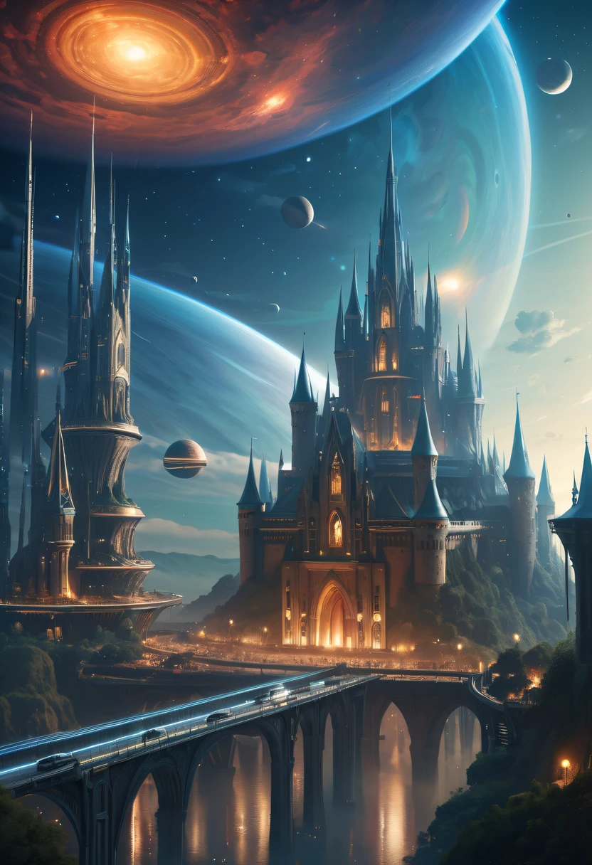 (Best quality at best,4K,8K,A high resolution,tmasterpiece:1.2),ultra - detailed,(actual,realistically,realistically:1.37),The fusion of future technology and the Middle Ages,(A medieval city full of high-tech elements:1.2),Medieval ancient bell tower,gothic castle,Spectacular high-tech space landscape,Medieval castle with plasma thruster powered warp drive,advanced space station,Luminous hologram,sky full of stars,floating islands,future-tech,Luxurious architectural design,Impressive futuristic cityscape,Advanced spacecraft,Flying a drone,Transparent dome,Parking is suspended,towering skyscrapers,energy shields,Sparkling neon lights,huge spaceport,Interstellar Travel,cosmic energy field,alien spaceship,Interstellar exploration,Epic sci-fi atmosphere,AI integration,strong energy beam,Otherworldly aesthetics,Cosmic phenomena,Zero gravity environment,Majestic celestial bodies,Pulsating Energy Core,majestic control center,dramatic celestial background,Charming future skyline,High-tech infrastructure,cosmic jump gate,Beyond technology,Advanced terraforming,Interstellar civilization,The possibilities are endless.