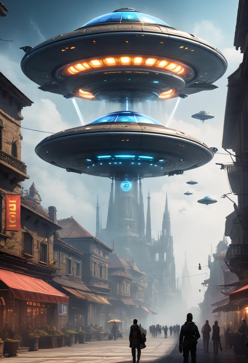 ultra - detailed, HighDynamicRange, professional, Vibrant colors, Concept artist, steampunc, A futuristic, cyber punk personage, high - tech, Medieval city with high-tech elements:1.2, advanced solar, Equipped with smart holograms and alien UFOs, Digital ancient bell tower:1.4, (Smart flying saucer:1.5),Spectacular high-tech space landscape,