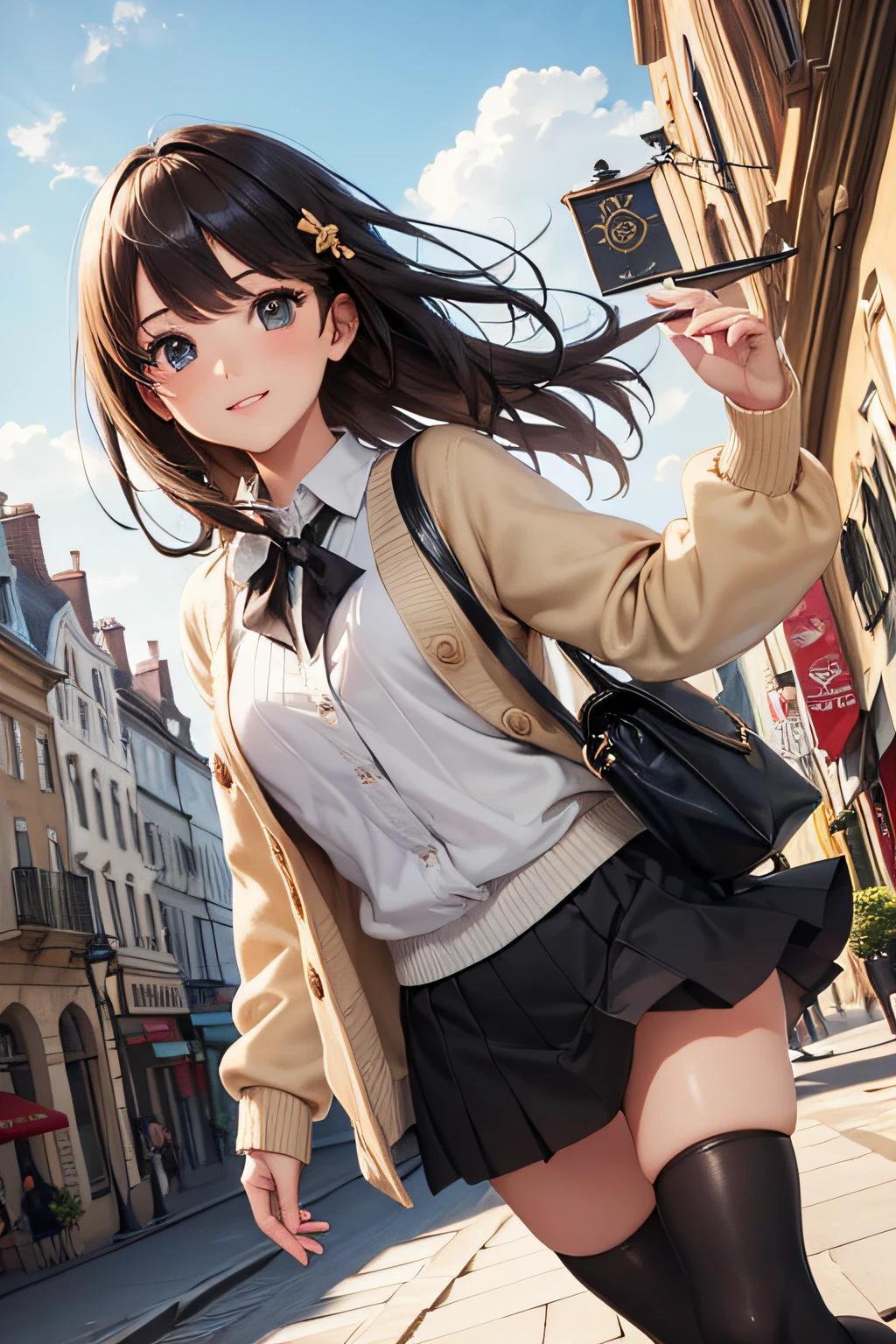 Very cute and beautiful girl,Teen,(very detailed beautiful face and eyes:1.2),(White blouse),
Smile,(mid-shot:1.15),Looking at Viewer,
(Beige cardigan:1.2) BREAK Leg details,zettai ryouiki,Brown shoulder bag,(Brown boots:1.2),
Dynamic Pose,Dynamic Angle,Hair Ornament,Black hair,(Black mini skirt:1.2),shopping street,cafe terrace,Flower Shop,
(Best Quality,masutepiece:1.2),Intricate details,Extremely detailed,8K resolution,Solo,Natural lighting,
Hair fluttering in the wind,Beautiful detailed sky,
