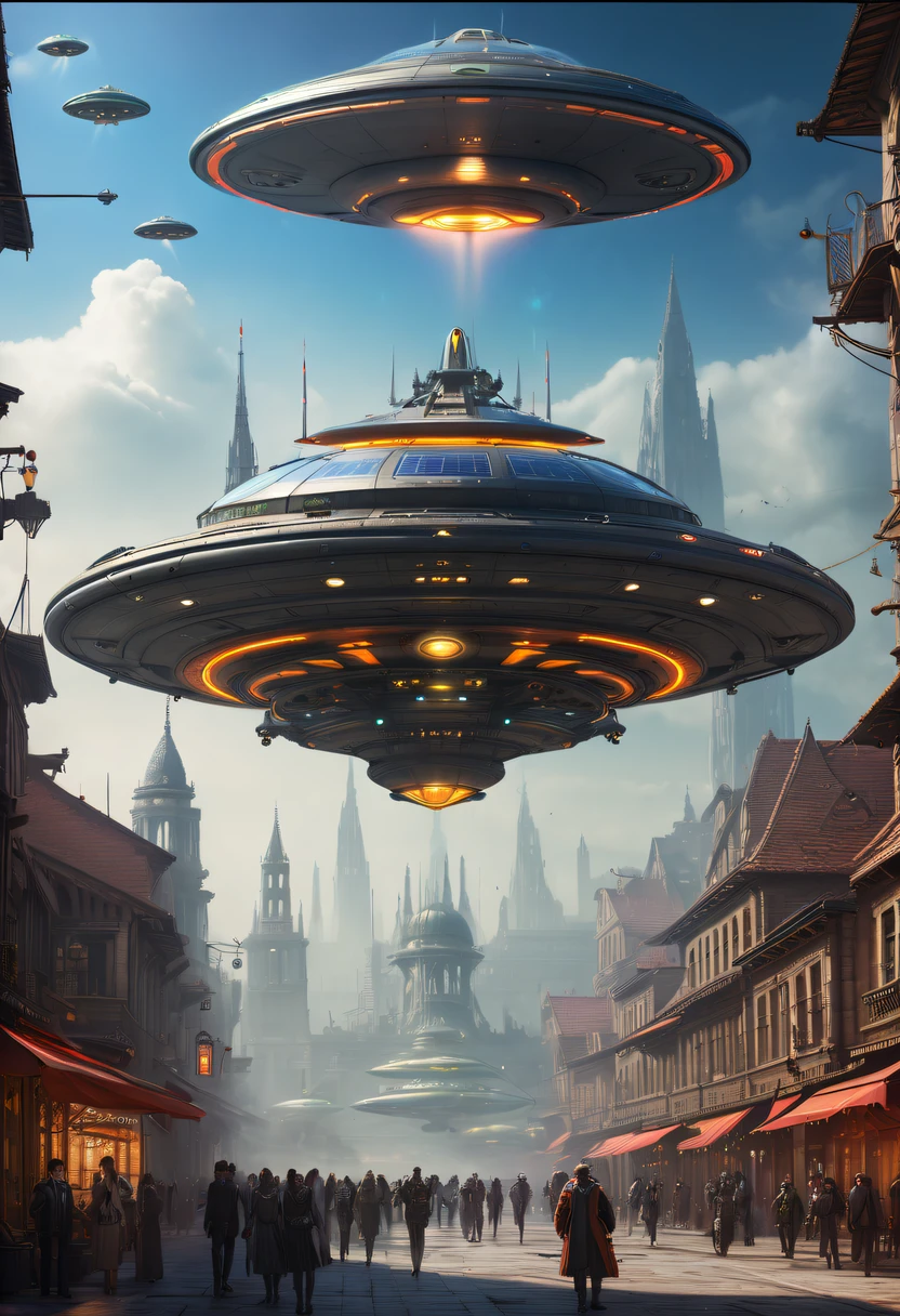 ultra - detailed, HighDynamicRange, professional, Vibrant colors, Concept artist, steampunc, A futuristic, cyber punk personage, high - tech, Medieval city with high-tech elements:1.2, advanced solar, Equipped with smart holograms and alien UFOs, Digital ancient bell tower:1.4, (Smart flying saucer:1.5),Spectacular high-tech space landscape,