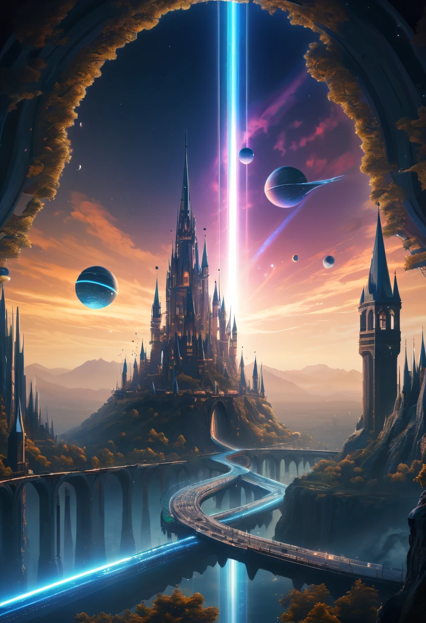 nighttime scene,Full moon night，Huge castles and skyscrapers floating in the sky cyberpunk alien world fantasy high quality ultra high definition utopia 8K giant waterfall nature