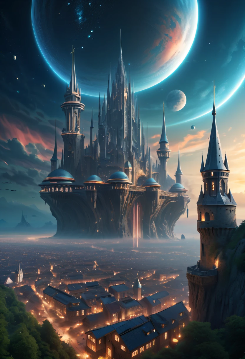(Best quality,4K,8K,A high resolution,tmasterpiece:1.2),ultra - detailed,(actual,realistically,realistically:1.37),The fusion of future technology and the Middle Ages,(A medieval city full of high-tech elements:1.2),Medieval ancient bell tower,gothic castle,Spectacular high-tech space landscape,Medieval castle with plasma thruster powered warp drive,advanced space station,Luminous hologram,sky full of stars,floating islands,future-tech,Luxurious architectural design,Impressive futuristic cityscape,Advanced spacecraft,Flying a drone,Transparent dome,Parking is suspended,towering skyscrapers,energy shields,Sparkling neon lights,huge spaceport,Interstellar Travel,cosmic energy field,alien spaceship,Interstellar exploration,Epic sci-fi atmosphere,Artificial Intelligence Integration,strong energy beam,Otherworldly aesthetics,Cosmic phenomena,Zero gravity environment,Majestic celestial bodies,Pulsating Energy Core,majestic control center,dramatic celestial background,Charming future skyline,High-tech infrastructure,cosmic jump gate,Beyond technology,Advanced terraforming,Interstellar civilization,The possibilities are endless.