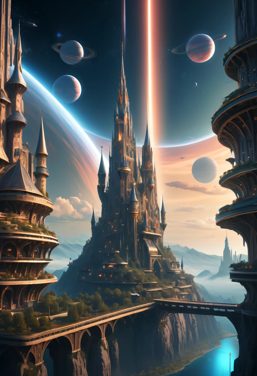 (Best quality at best,4K,8K,A high resolution,tmasterpiece:1.2),ultra - detailed,(actual,realistically,realistically:1.37),The fusion of future technology and the Middle Ages，(A medieval city full of high-tech elements:1.2)，Medieval ancient bell tower,Spectacular high-tech space landscape,Medieval castle with plasma thruster powered warp drive,advanced space station,Luminous hologram,sky full of stars,floating islands,future-tech,Luxurious architectural design,Impressive futuristic cityscape,Advanced spacecraft,Flying a drone,Transparent dome,suspended parking,towering skyscrapers,energy shields,Sparkling neon lights,huge spaceport,Interstellar Travel,cosmic energy field,alien spaceship,Interstellar exploration,Epic sci-fi atmosphere,AI integration,strong energy beam,Otherworldly aesthetics,Cosmic phenomena,Zero gravity environment,Majestic celestial bodies,Pulsating Energy Core,majestic control center,dramatic celestial background,Charming future skyline,High-tech infrastructure,cosmic jump gate,Beyond technology,Advanced terraforming,Interstellar civilization,The possibilities are endless.