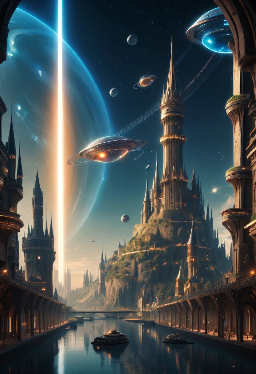 (Best quality at best,4K,8K,A high resolution,tmasterpiece:1.2),ultra - detailed,(actual,realistically,realistically:1.37),The fusion of future technology and the Middle Ages,(A medieval city full of high-tech elements:1.2),Medieval ancient bell tower,Spectacular high-tech space landscape,Medieval castle with plasma thruster powered warp drive,advanced space station,Luminous hologram,sky full of stars,floating islands,future-tech,Luxurious architectural design,Impressive futuristic cityscape,Advanced spacecraft,Flying a drone,Transparent dome,suspended parking,towering skyscrapers,energy shields,Sparkling neon lights,huge spaceport,Interstellar Travel,cosmic energy field,alien spaceship,Interstellar exploration,Epic sci-fi atmosphere,AI integration,strong energy beam,Otherworldly aesthetics,Cosmic phenomena,Zero gravity environment,Majestic celestial bodies,Pulsating Energy Core,majestic control center,dramatic celestial background,Charming future skyline,High-tech infrastructure,cosmic jump gate,Beyond technology,Advanced terraforming,Interstellar civilization,The possibilities are endless.