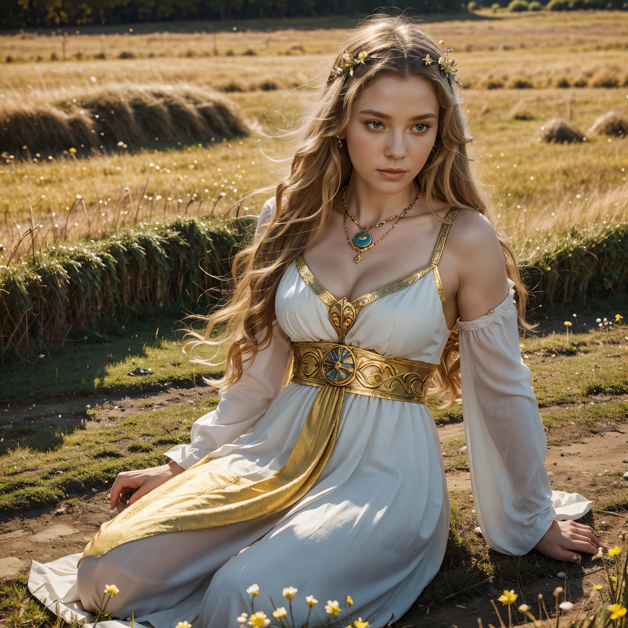 [Create a visual representation of Freyja, the Germanic goddess associated with love, fertility, beauty, war, and magic. Physical Appearance: Portray Freyja as a goddess of great beauty, with prominent feminine features. Soften your features to convey serenity and welcome].
with medieval clothes, full body, a field in the background, flowers falling from the sky
Adornments and Jewelry: Highlight the Brísingamen necklace around her neck.
Place Freyja in an environment reminiscent of spring, with flowers and golden fields, reflecting her nature as a fertility goddess.