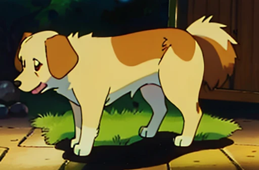 English cream color Golden retriever in the style of generation 2 pokemon card art. grass background