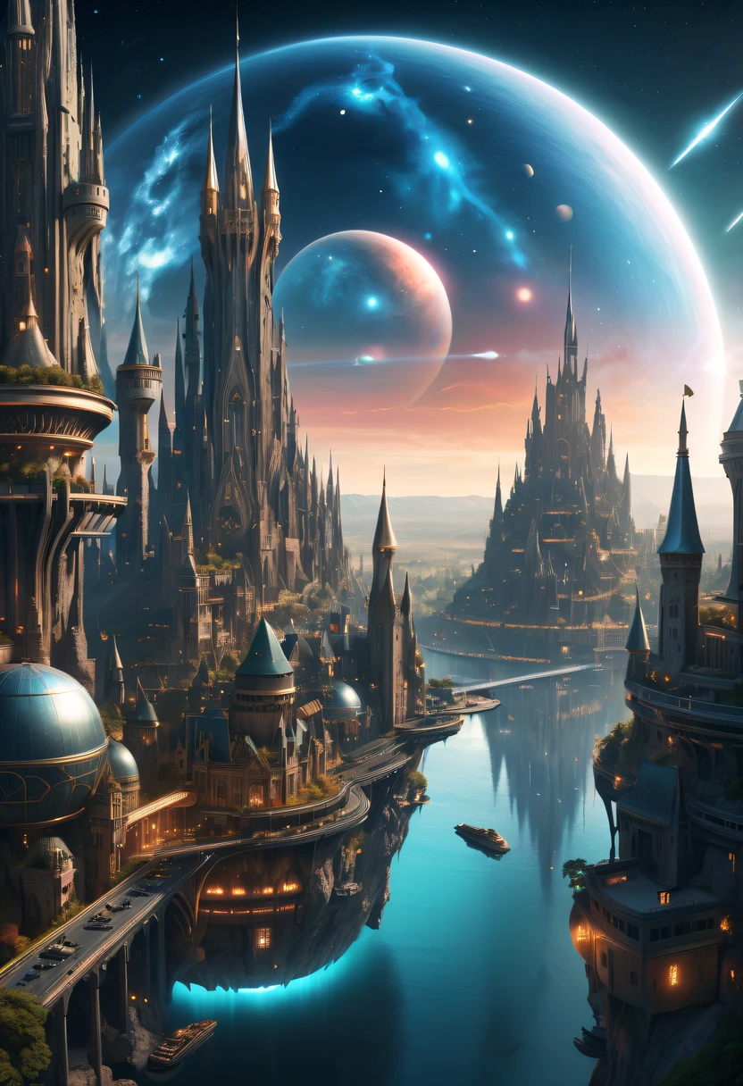 (Best quality,4K,8K,A high resolution,tmasterpiece:1.2),ultra - detailed,(actual,realistically,realisticlying:1.37),The fusion of future technology and the Middle Ages,(A medieval city full of high-tech elements:1.2),Spectacular high-tech space landscape,Medieval castle with plasma thruster powered warp drive,advanced space station,Luminous hologram,sky full of stars,floating islands,future-tech,Luxurious architectural design,Impressive futuristic cityscape,Advanced spacecraft,Fly drones,Transparent dome,Hanging parking,towering skyscrapers,energy shields,Sparkling neon lights,huge spaceport,Interstellar Travel,cosmic energy field,alien spaceship,Interstellar exploration,Epic sci-fi atmosphere,Artificial Intelligence Integration,strong energy beam,Otherworldly aesthetics,Cosmic phenomena,Zero gravity environment,Majestic celestial bodies,Pulsating Energy Core,majestic control center,dramatic celestial background,Charming future skyline,High-tech infrastructure,cosmic jump gate,Beyond technology,Advanced terraforming,Interstellar civilization,The possibilities are endless.