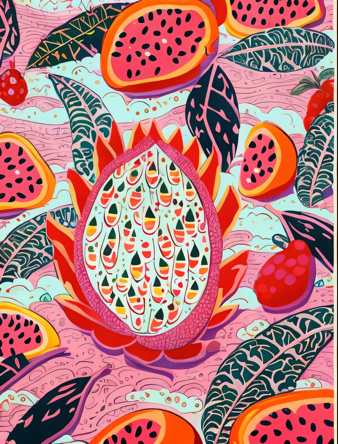 a painting of a fruit pattern with a pink background, frutas tropicais, Jen Bartel, Directed by: Lucette Barker, Frutas da selva, Directed by: Jeka Kemp, renderizado em pintura guache, Directed by: Christabel Dennison, full-colour illustration, Dragon Fruits, Directed by: Annabel Kidston, Jane Newland, full-colour illustration, guache sobre tela, stylised illustration