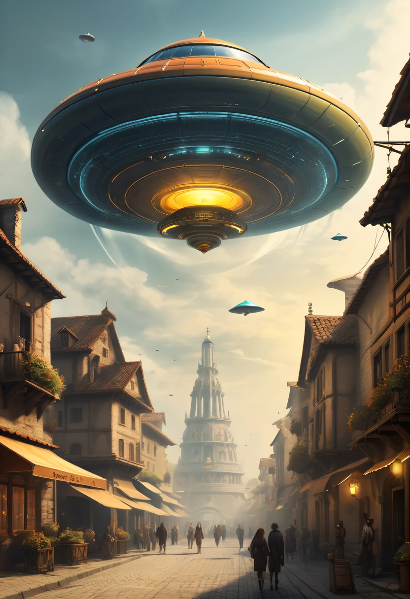 extremly intricate, 电影灯光, lightand shade contrast, tmasterpiece, Best quality, Award-Awarded, hyper HD ,The fusion of future technology and the Middle Ages，(A medieval city full of high-tech elements:1.2)，advanced solar、Equipped with smart holograms and alien flying saucers，(Digitization of ancient bell tower:1.4)，(Smart flying saucer:1.5)，steampunc，heavy metal style，A futuristic,Surreal illustration style,