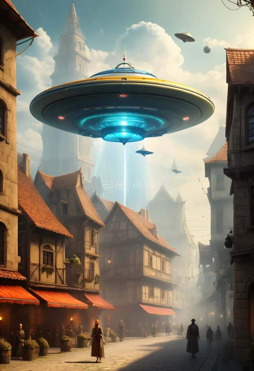 extremly intricate, 电影灯光, lightand shade contrast, tmasterpiece, Best quality, Award-Awarded, hyper HD ,The fusion of future technology and the Middle Ages,(A medieval city full of high-tech elements:1.2),advanced solar、Equipped with smart holograms and alien flying saucers,(Digitization of ancient bell tower:1.4),(Smart flying saucer:1.5),steampunc,heavy metal style,A futuristic,Surreal illustration style,