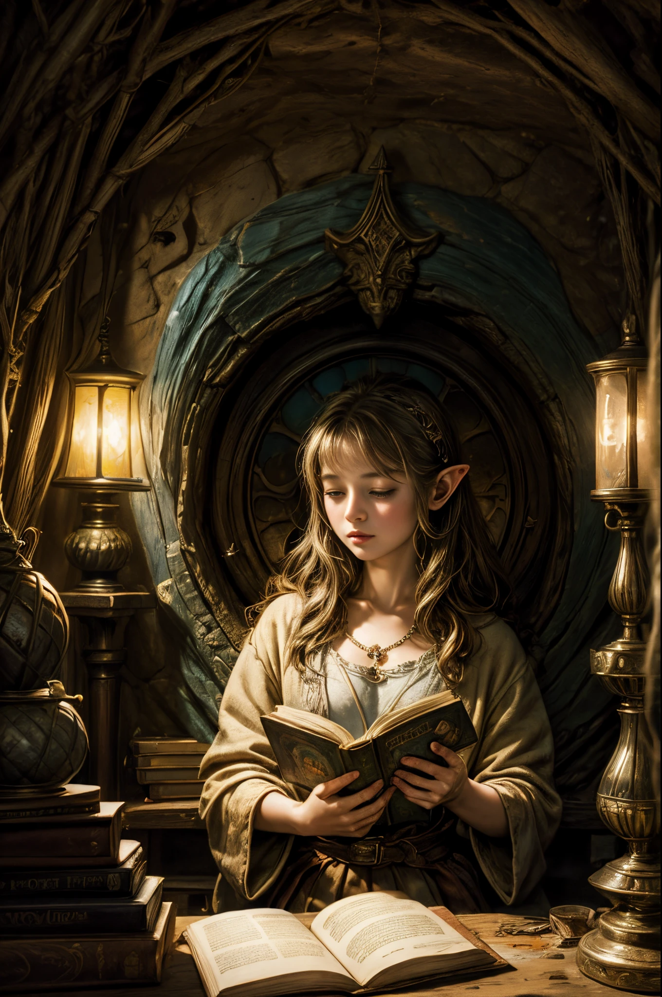 "Oil painting, ((dreamy)) girl reading ancient books, warm light ((inside a mystical hobbit cave)), magical atmosphere, whimsical clock, enchanting, cozy, detailed"