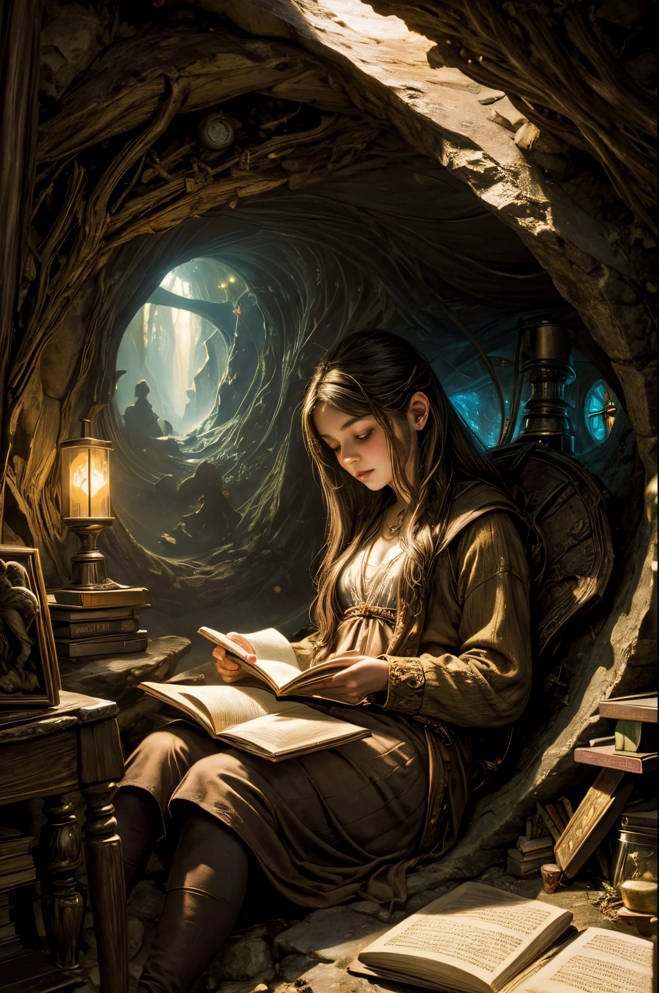 "Oil painting, ((dreamy)) girl reading ancient books, warm light ((inside a mystical hobbit cave)), magical atmosphere, whimsical clock, enchanting, cozy, detailed"