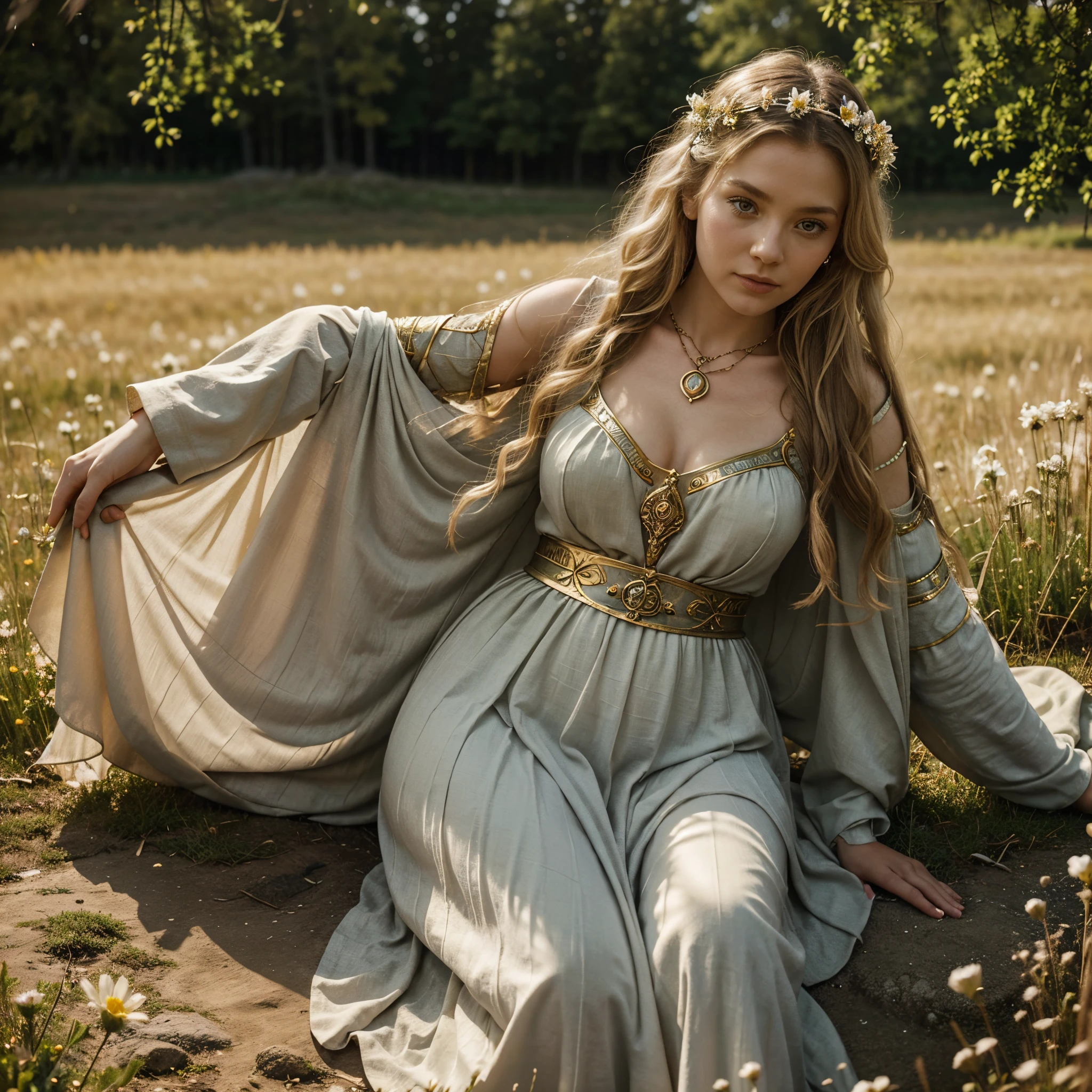 [Create a visual representation of Freyja, the Germanic goddess associated with love, fertility, beauty, war, and magic. Physical Appearance: Portray Freyja as a goddess of great beauty, with prominent feminine features. Soften your features to convey serenity and welcome]. with medieval clothes, full body, a field in the background, flowers falling from the sky Adornments and Jewelry: Highlight the Brísingamen necklace around her neck. Place Freyja in an environment reminiscent of spring, with flowers and golden fields, reflecting her nature as a fertility goddess.