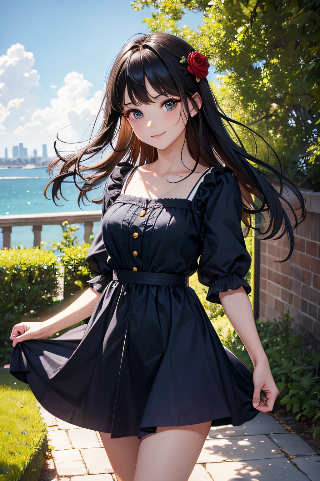 Very cute and beautiful girl,(very detailed beautiful face and eyes:1.2),Smile,(Cowboy Shot),
navy blue ruffle dress,Walking,Dynamic Pose,(Detailed legs,Mini skirt:0.9),
Dynamic Angle,Black hair,(rose garden),naval port,warship in the distance,
(Best Quality,masutepiece:1.2),(Intricate details:1.2),hight resolution,Extremely detailed,
Solo,Natural lighting,Hair fluttering in the wind,Beautiful detailed sky,