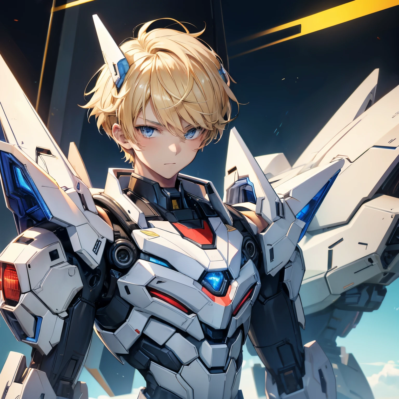 One handsome boy, blonde hair, delicate face, twink, slim, mecha, Wolfcut.
