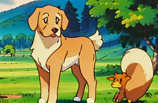 golden retriever in the style of pokemon. grass background