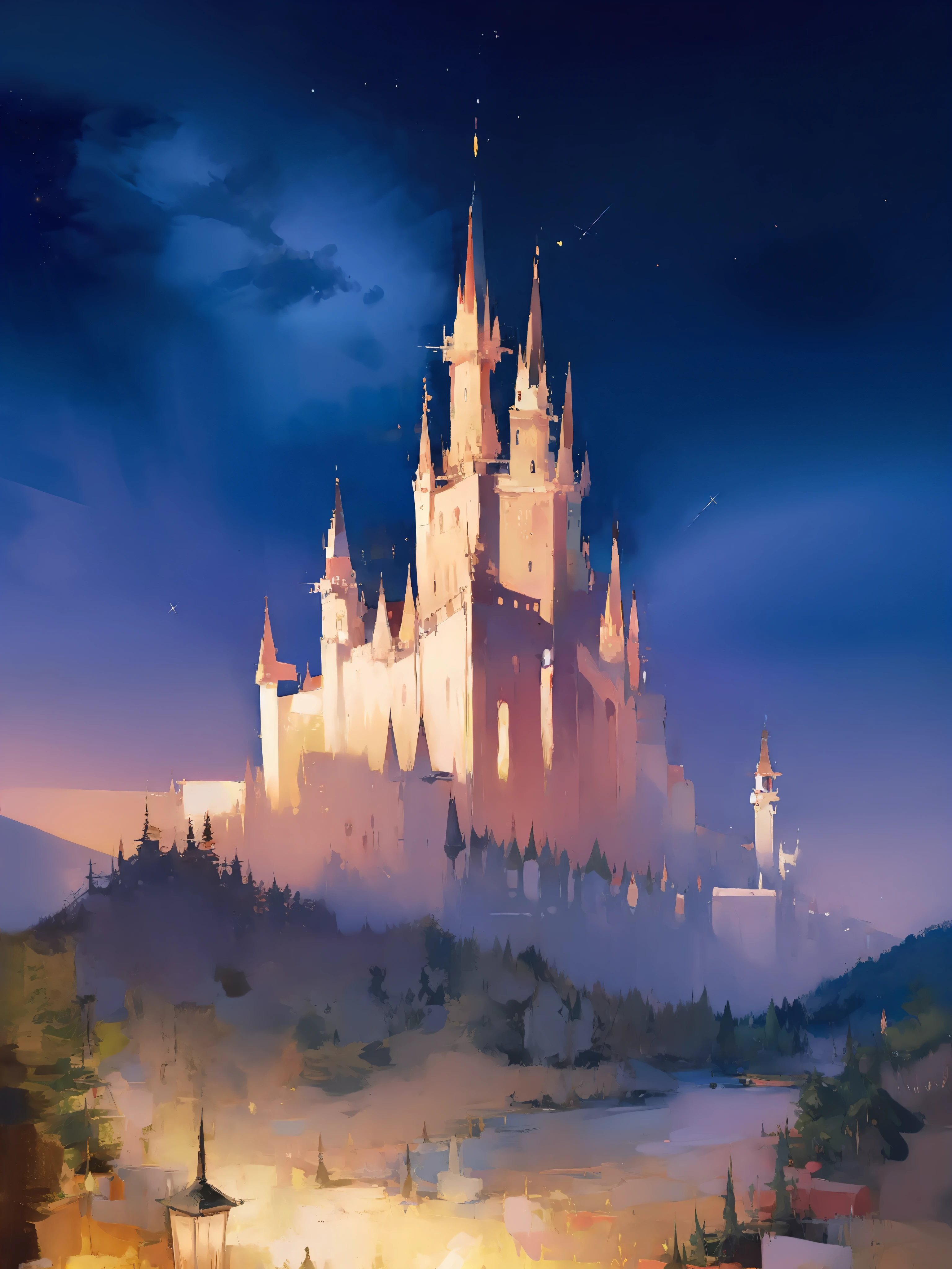 A huge enchanted magical castle in the distance,Magnificent,espetacular,obra-prima,8K分辨率,Noite,Shooting stars cross the night sky,The mountains in the distance are majestic,Aquarela,Pincelada,