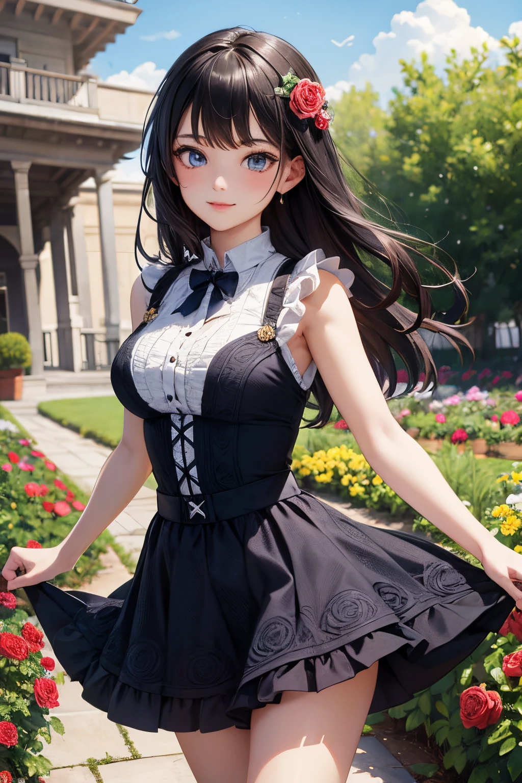 very cute and beautiful girl,(highly detailed beautiful face and eyes:1.2),smile,(cowboy shot),
navy blue frilled dress,walking,dynamic pose,(detailed legs,mini skirt:0.9),
dynamic angle,black hair,(rose garden),navy harbor,warships in distance,
(best quality,masterpiece:1.2),(intricate details:1.2),highres,extremely detailed,
solo,natural lighting,hair fluttering in the wind,beautiful detailed sky,