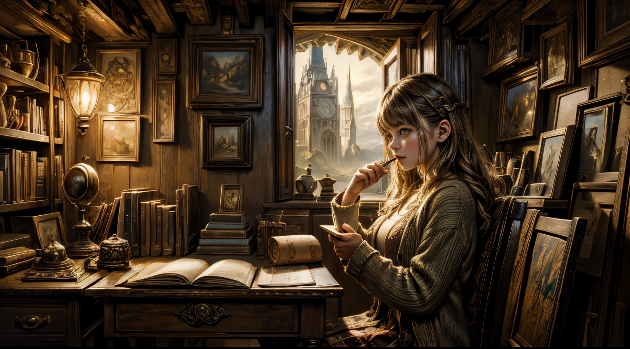 "Photorealistic painting, ((captivating)) scene of a girl absorbed in reading, antique books, cozy hobbit cave, intricate clock with moving gears, ((nostalgic)), detailed, warm palette"