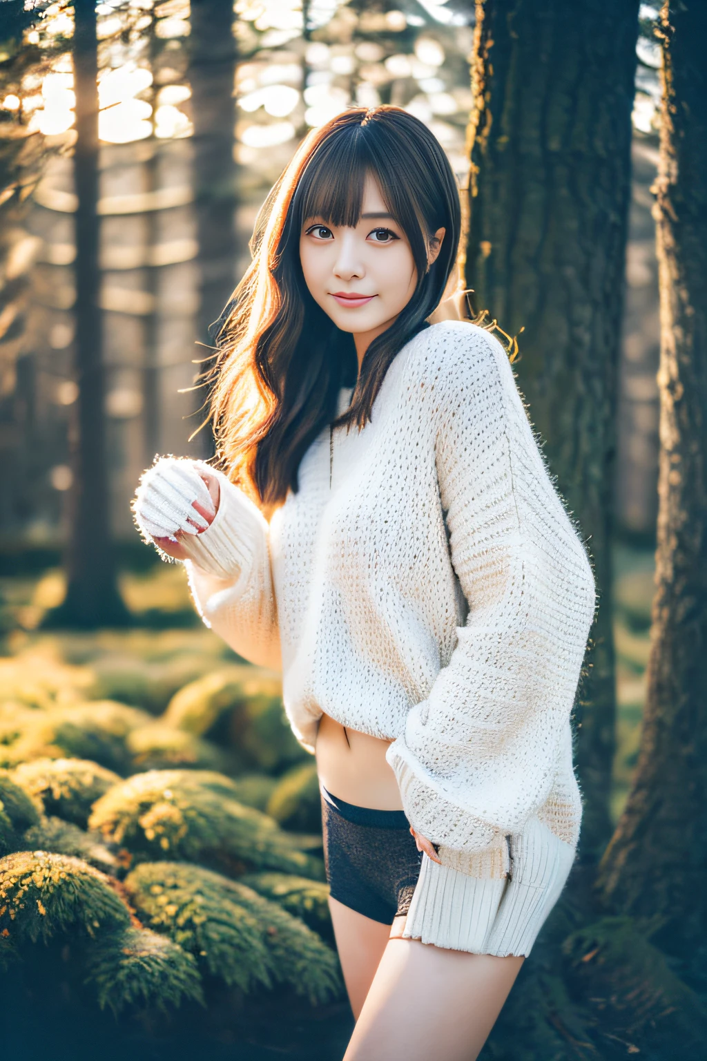 (Best Quality,8K,High resolution:1.2),(beautifulRealistic.4)、(cute Japanese girls:1.4),(Glamorous)、Sweaters、Underpants、Artistic background、Surrounded by Nordic forests、Early winter、sexypose、Professional、