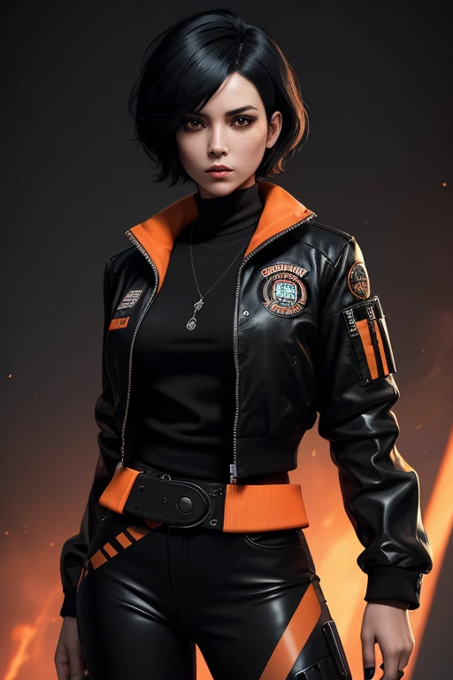 "Create a masterpiece, with a woman, from the front, short hair, black hair and the right of it with an orange streak, dressed in a black jacket, imposing, with a pistol on her waist, detailed her face and body and clothes. The resolution texture should be 16k."