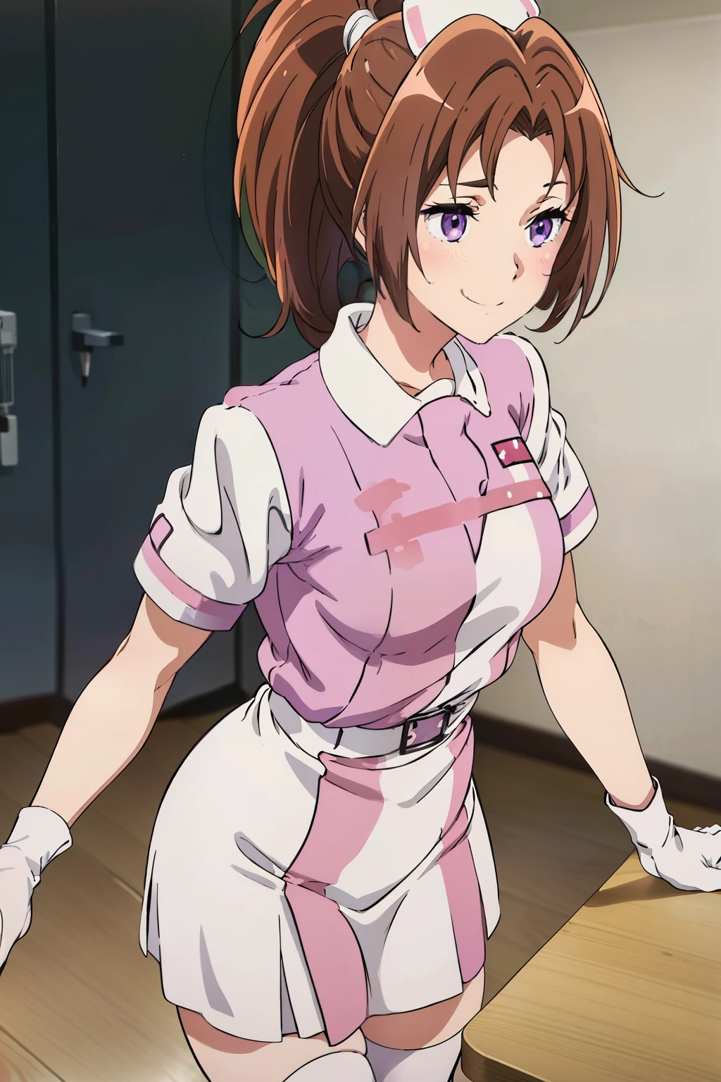 a girl, ponytail, brown hair, purple eyes, solo, Nurse, ((White nurse cap, White nurse uniform)), ((White legwear, zettai ryouiki)), White Gloves, Smile, Standing, ((Hospital room)), sharp outline, Short sleeves, Best Quality, masutepiece